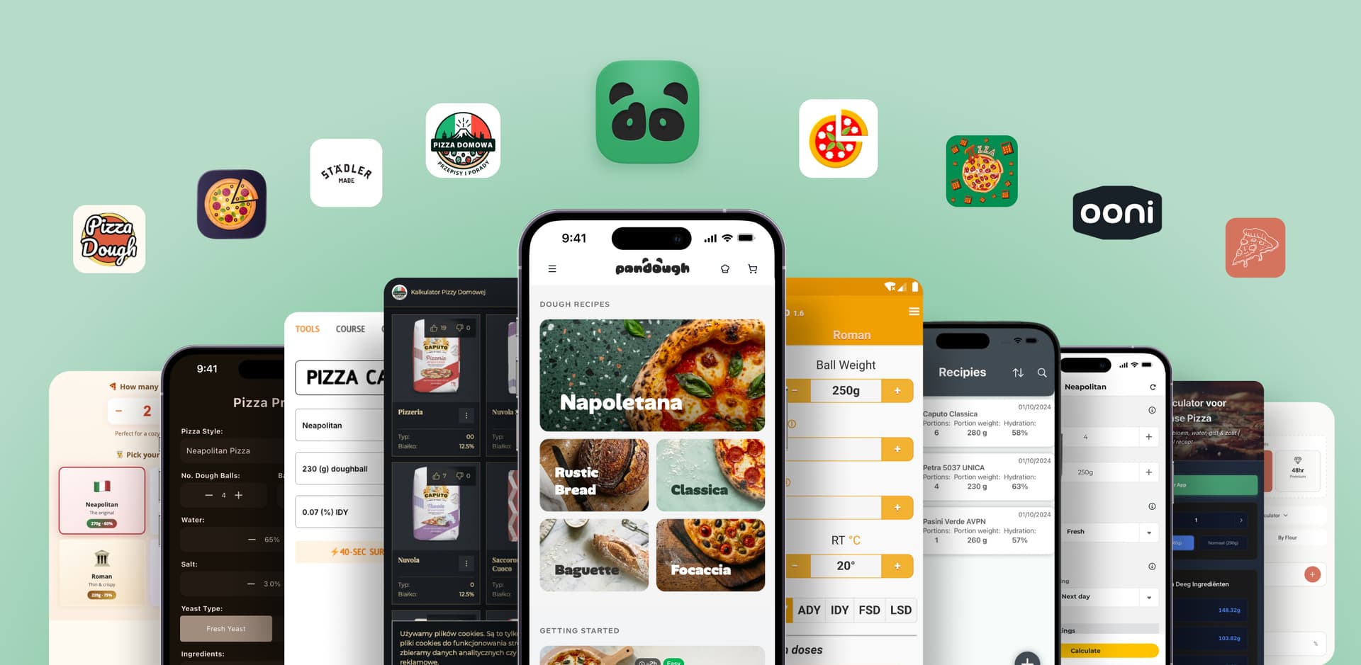 Collage of pizza dough calculator apps and web tools showing various interfaces side by side