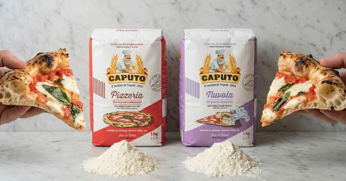 Two bags of Caputo flour side by side - Pizzeria (blue) and Nuvola (light blue) - with key specifications highlighted