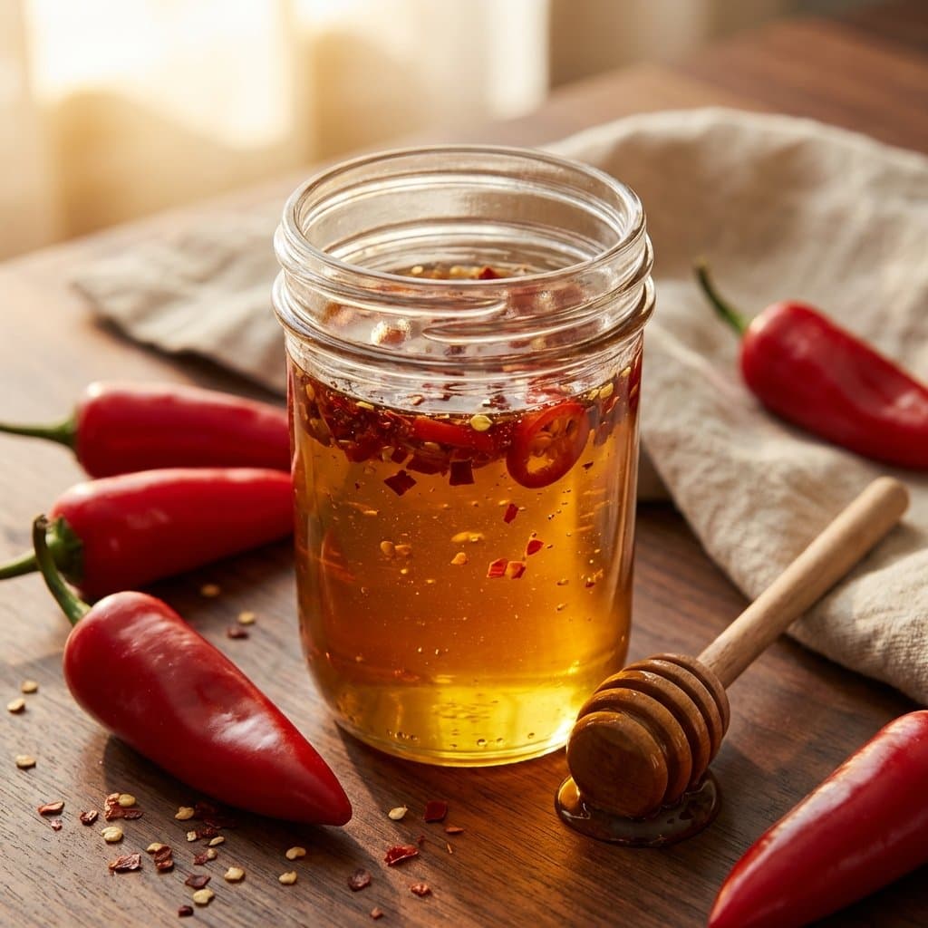 A jar of golden hot honey with chili flakes visible, next to slices of pepperoni pizza