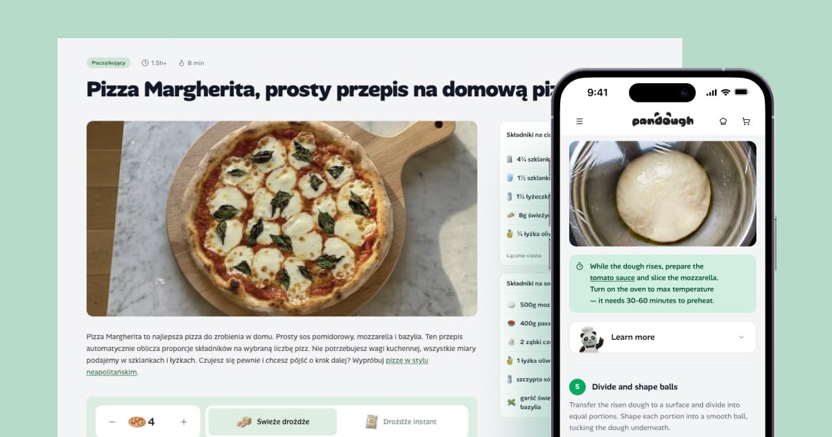 Pandough interactive recipe pages showing step-by-step pizza making with real food photography