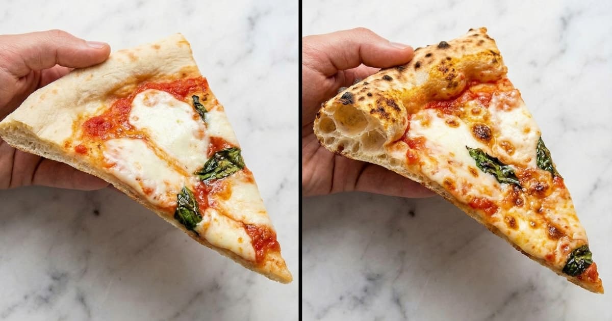 Two pizza doughs side by side showing the difference between properly and improperly matched flour and hydration