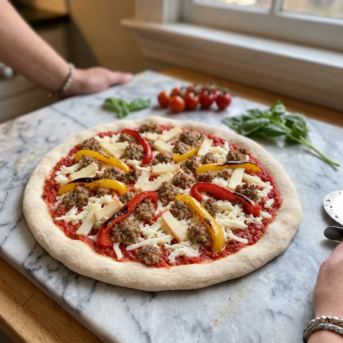 Salsiccia, Grilled Peppers & Provolone Affumicato před pečením