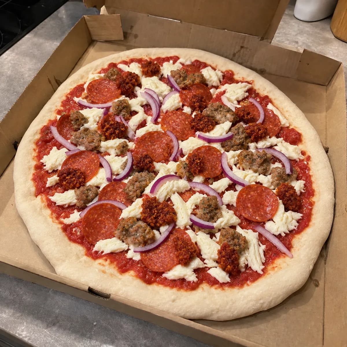 Nduja, Linguiça e Pepperoni antes de assar