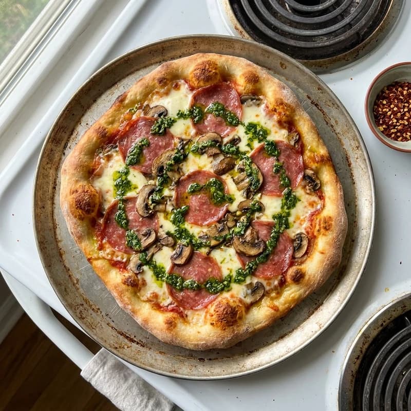 Salami, Mushroom & Garlic-Parsley Oil