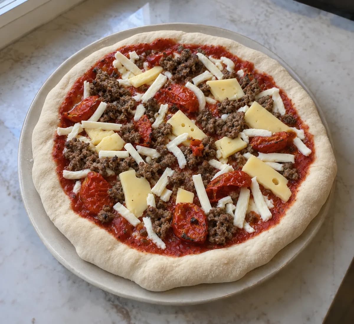 Rindfleisch, Emmentaler und geröstete Tomaten vor dem Backen