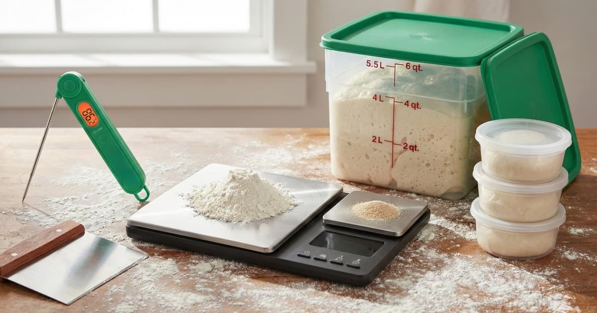 Pizza making tools arranged on floured surface: dual-platform scale, instant-read thermometer, bench scraper, and proofing containers