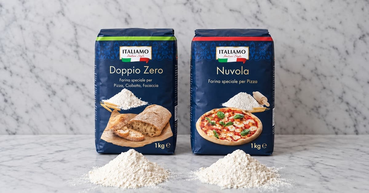 Ilustracja AI: granatowe worki Italiamo Doppio Zero i Nuvola oraz dwie małe kupki mąki na marmurowym blacie