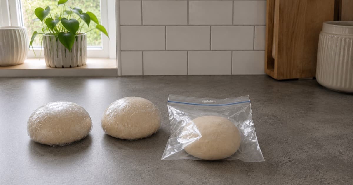 Pizza dough balls packed for freezing in zip-top bags
