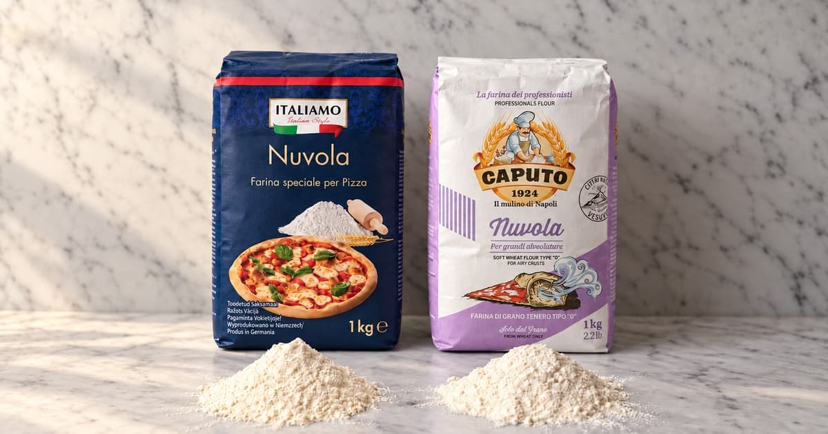 Ilustracja AI: Italiamo Nuvola z Lidla i Caputo Nuvola oraz dwie małe kupki mąki na marmurowym blacie