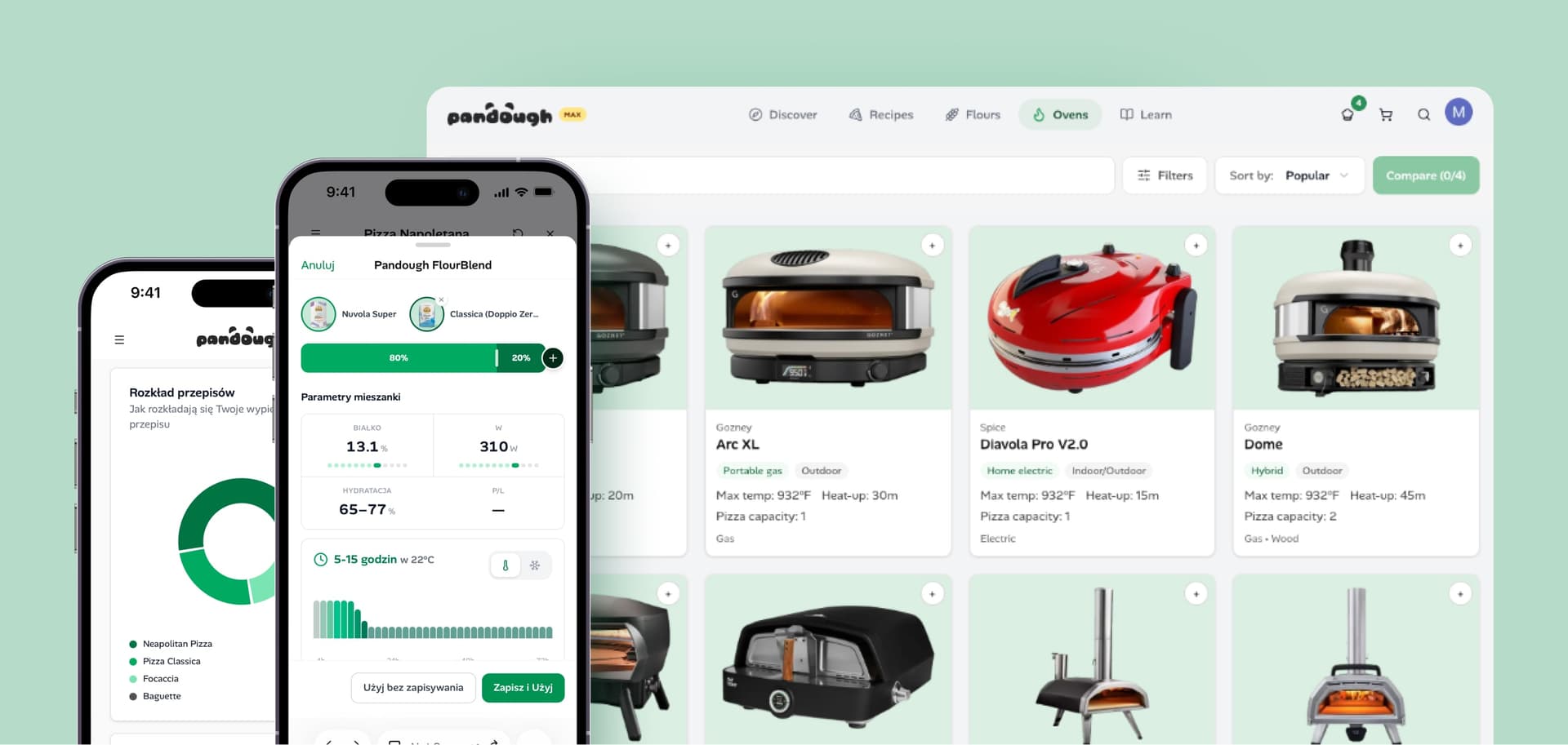 Pandough-App, die die neue Mehlmischungs-Oberfläche und den Ofenvergleich nebeneinander zeigt