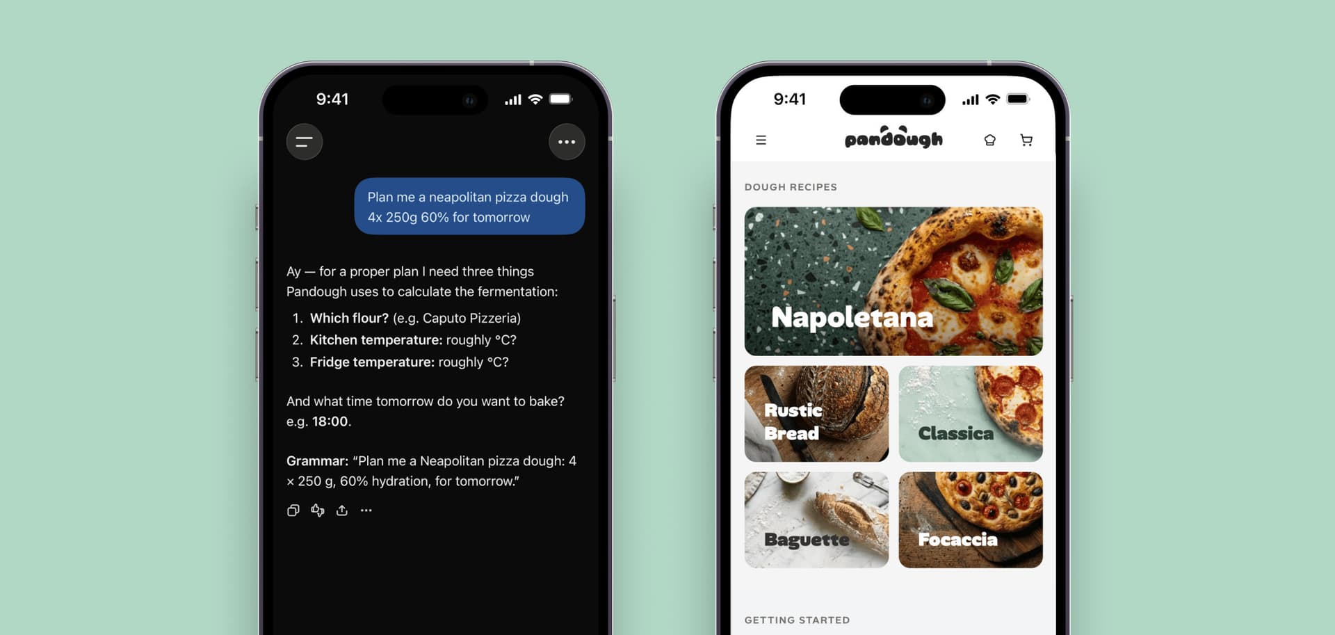 Two phones on a mint background: a ChatGPT dough-planning chat beside Pandough's recipe home screen