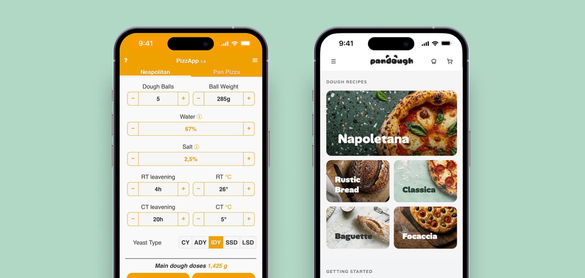 Two phones on a mint background: PizzApp's orange dough calculator beside Pandough's recipe home screen
