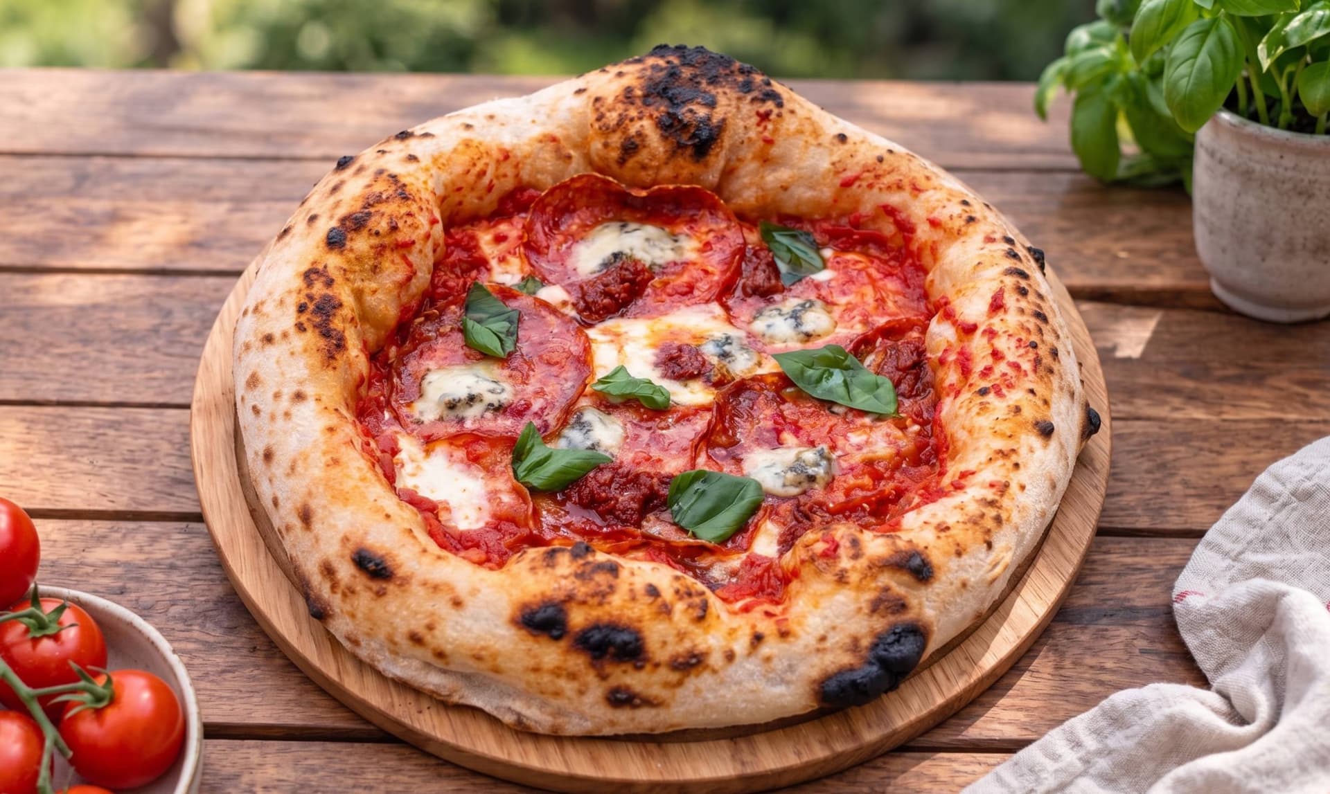 Pizza con un cornicione muy alto y aireado y un centro fino