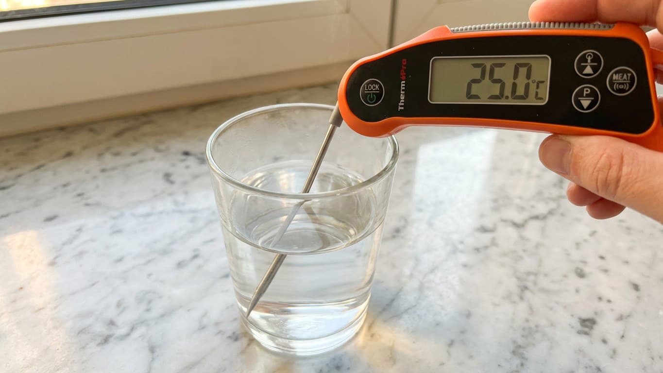 Panadero casero midiendo la temperatura de la masa con un termómetro; lectura de 24°C