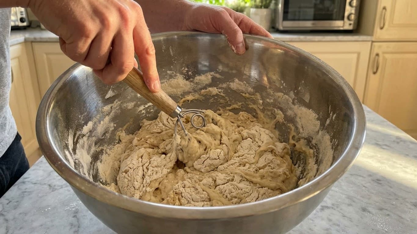 イーストを加え、次に残りの小麦粉を加える
