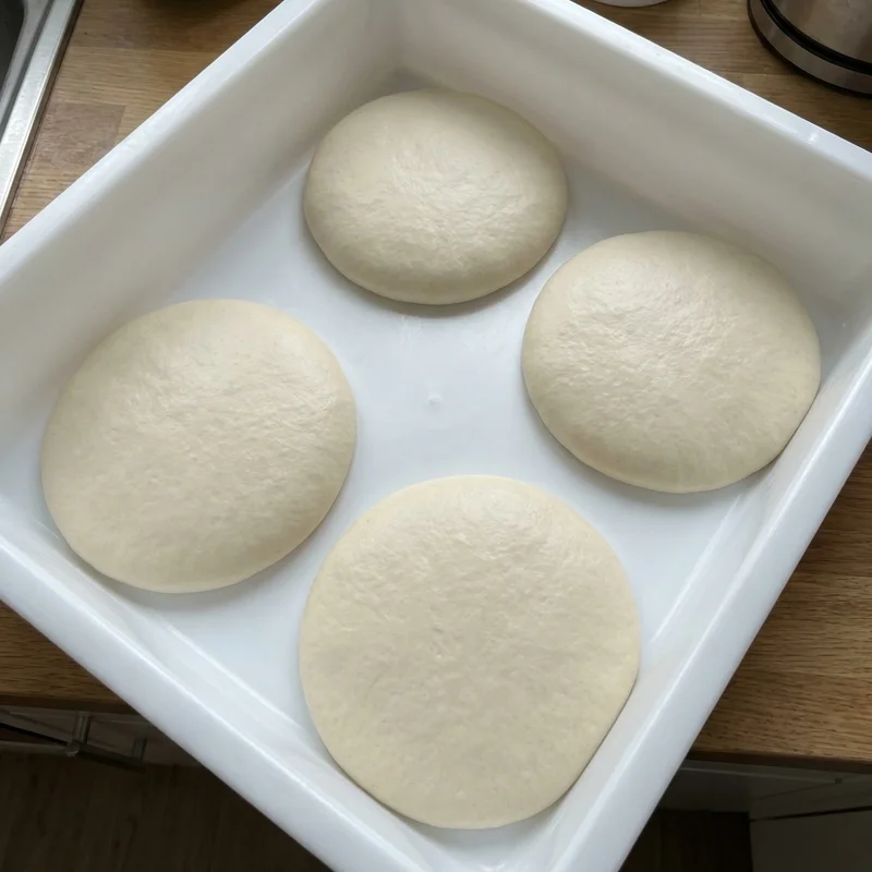 Four smooth, wide dough balls in a white container, separate from each other