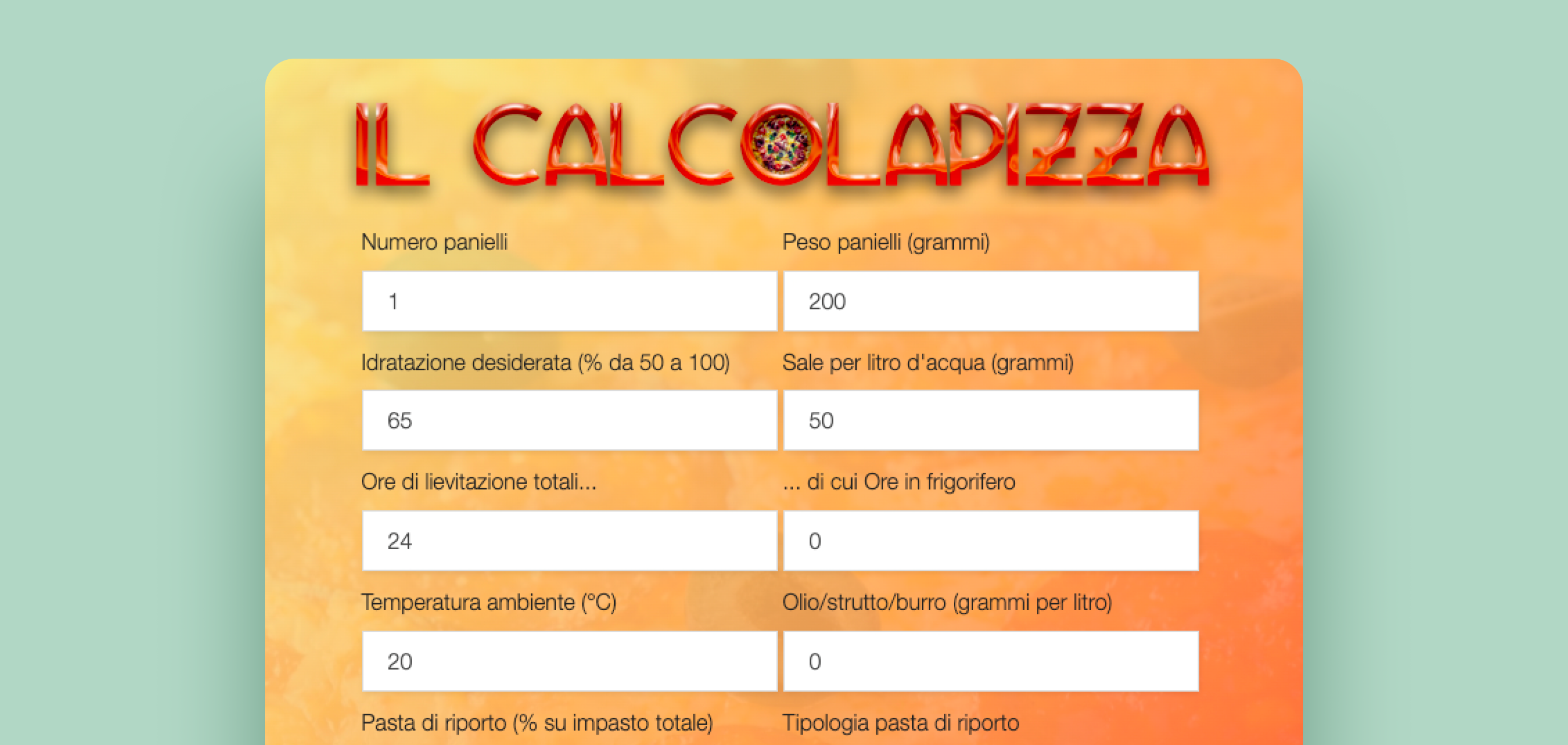 Interfaccia del Calcolapizza