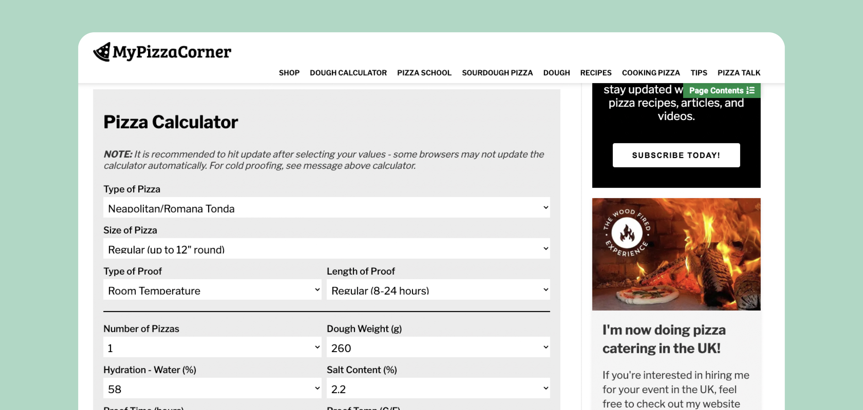 My Pizza Corner calculator interface