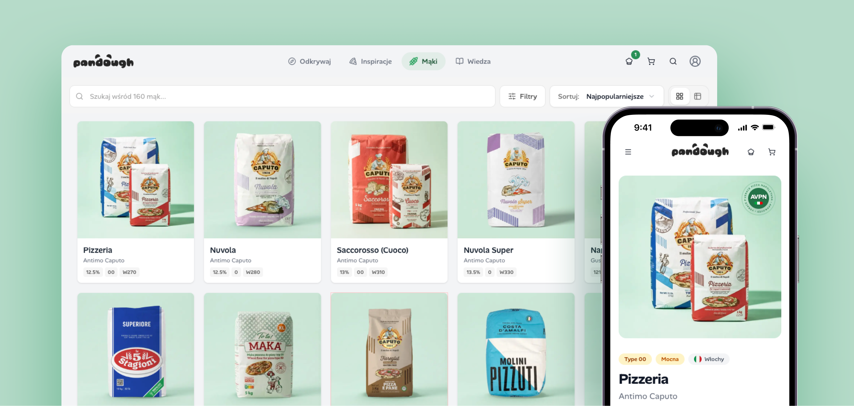 Baza mąk Pandough z 250+ mąkami, pokazująca siłę W, białko i zakresy hydratacji