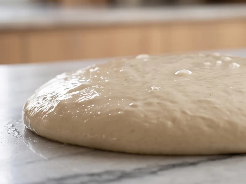 Very wet, glossy dough spread flat on a counter