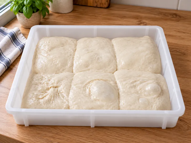 Over-fermented dough balls merged into one mass, with big bubbles on the surface