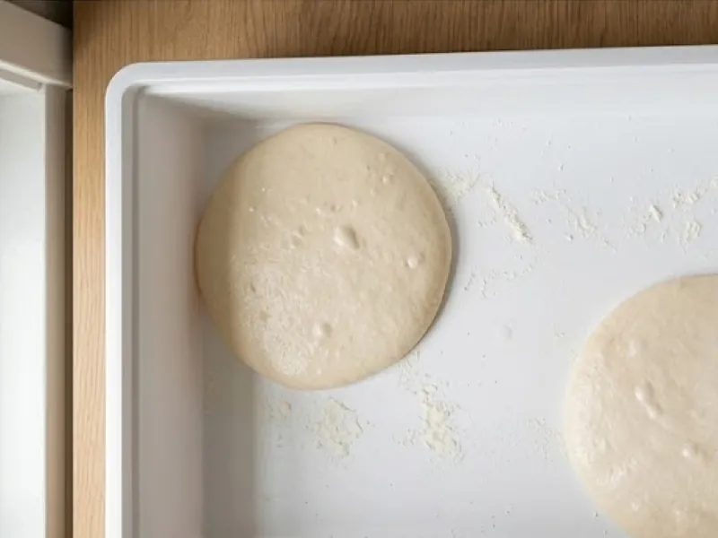 Two spread, flat dough balls in a large, almost empty container