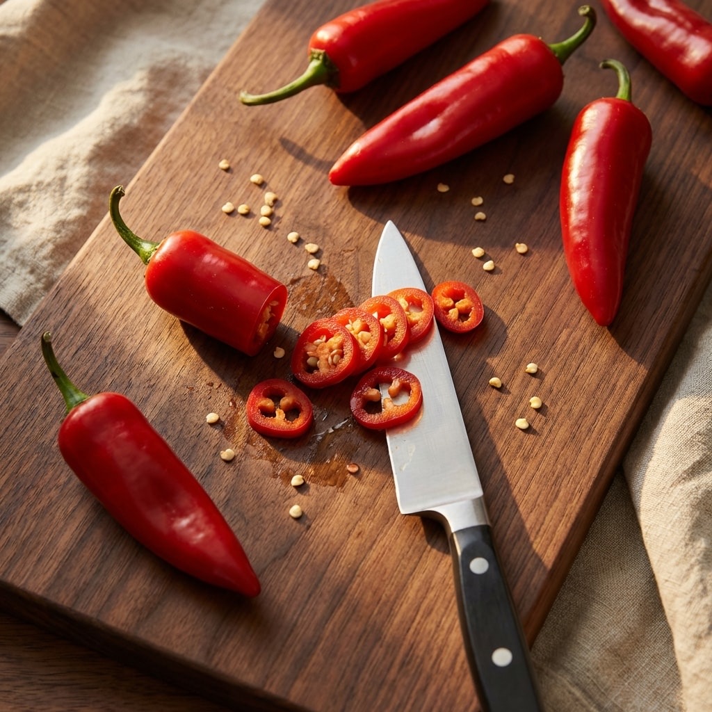 Fresno peppers sliced into thin rounds on a cutting board
