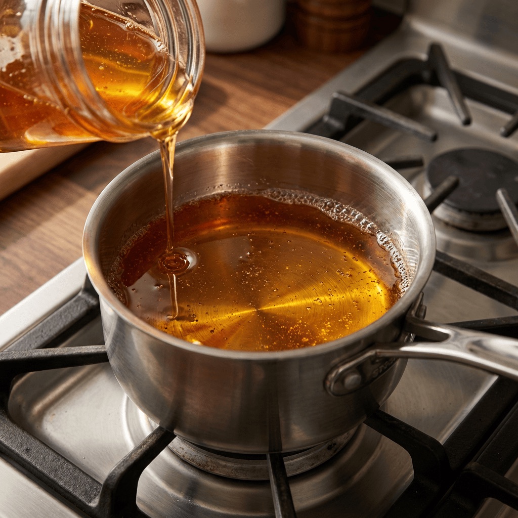 Honey warming in a saucepan with tiny bubbles at the edges