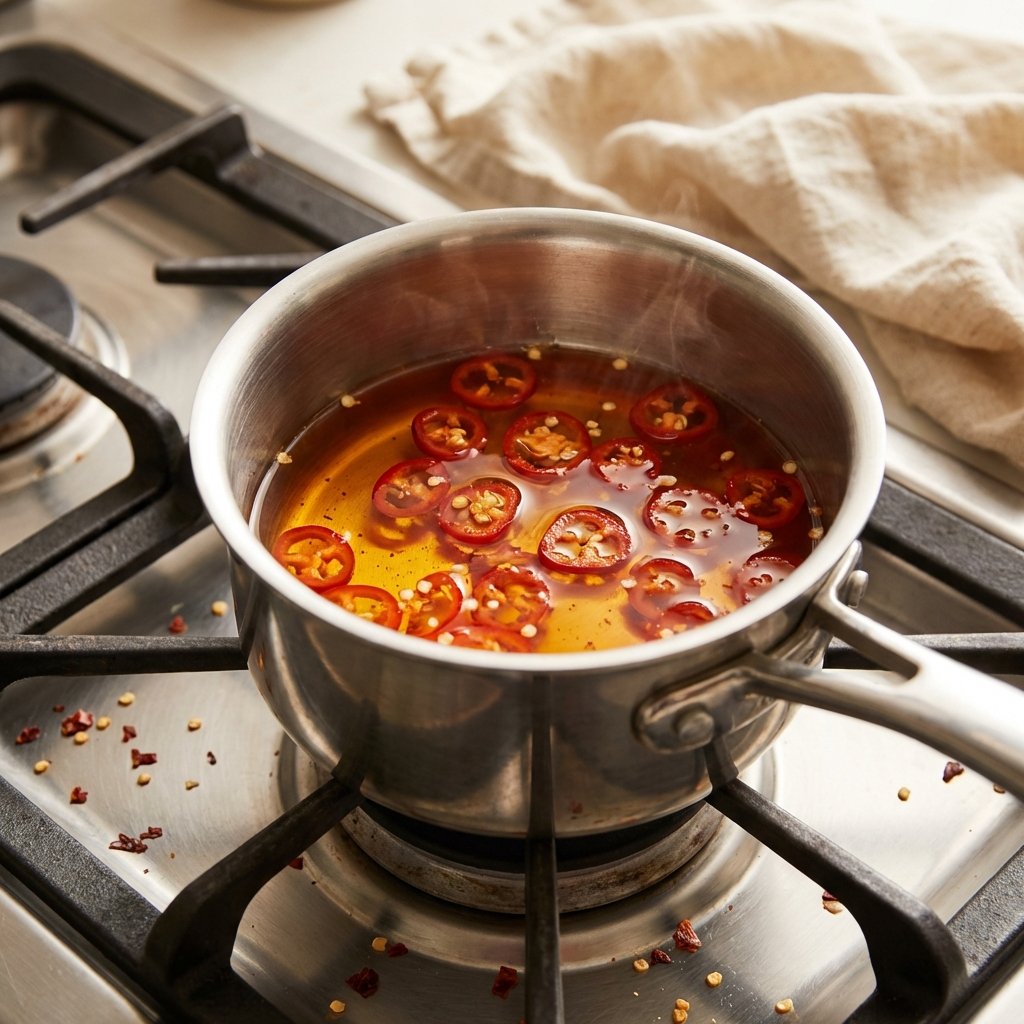 Sliced peppers simmering in golden honey in a saucepan