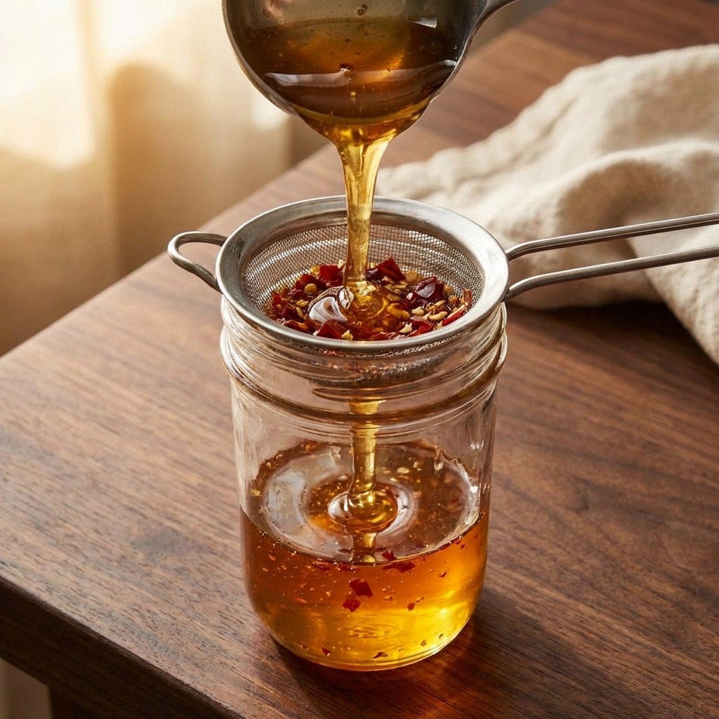 Hot honey being strained through a fine mesh sieve into a glass jar