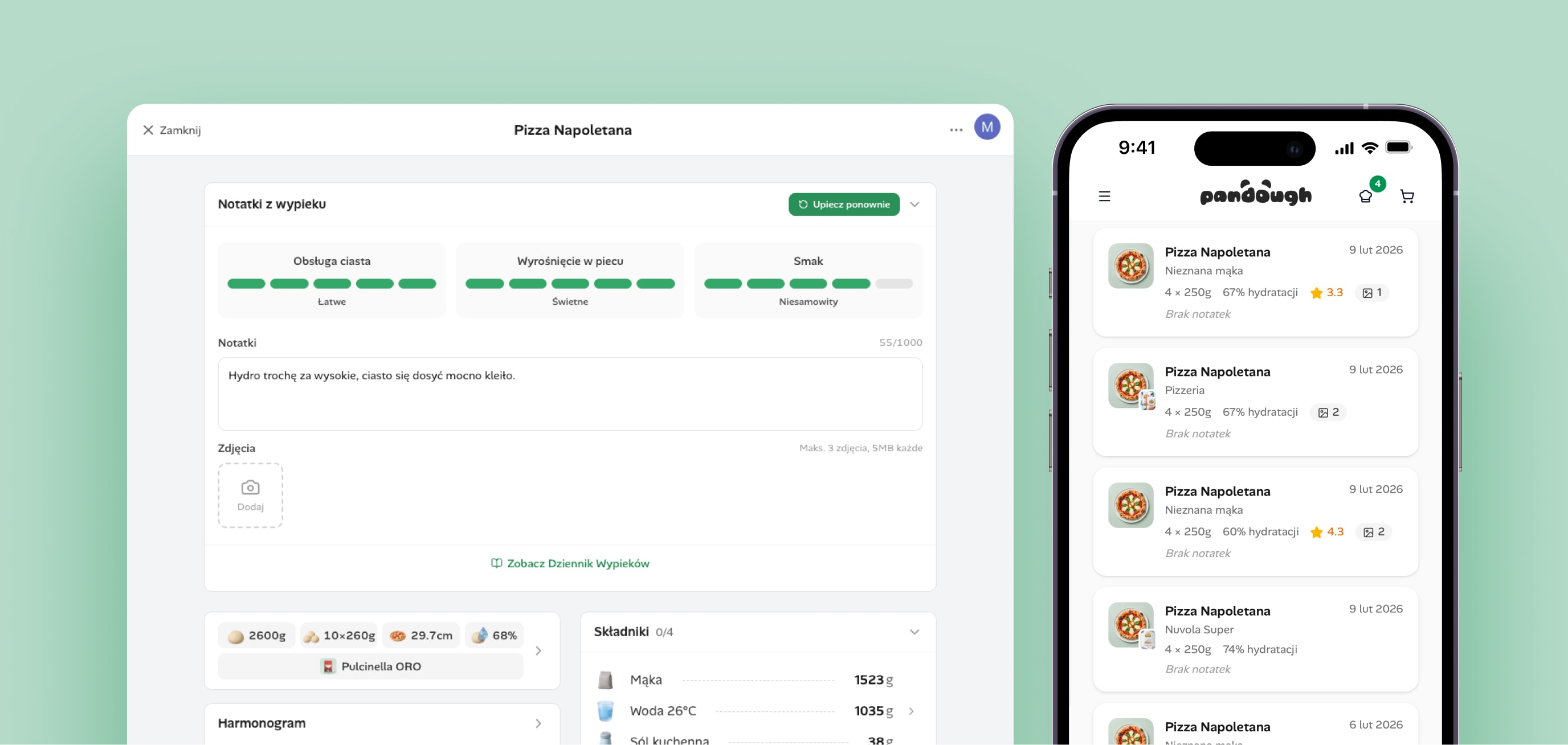 Bake notes form with dough handling, oven spring, and taste ratings alongside a scrollable bake history list on mobile