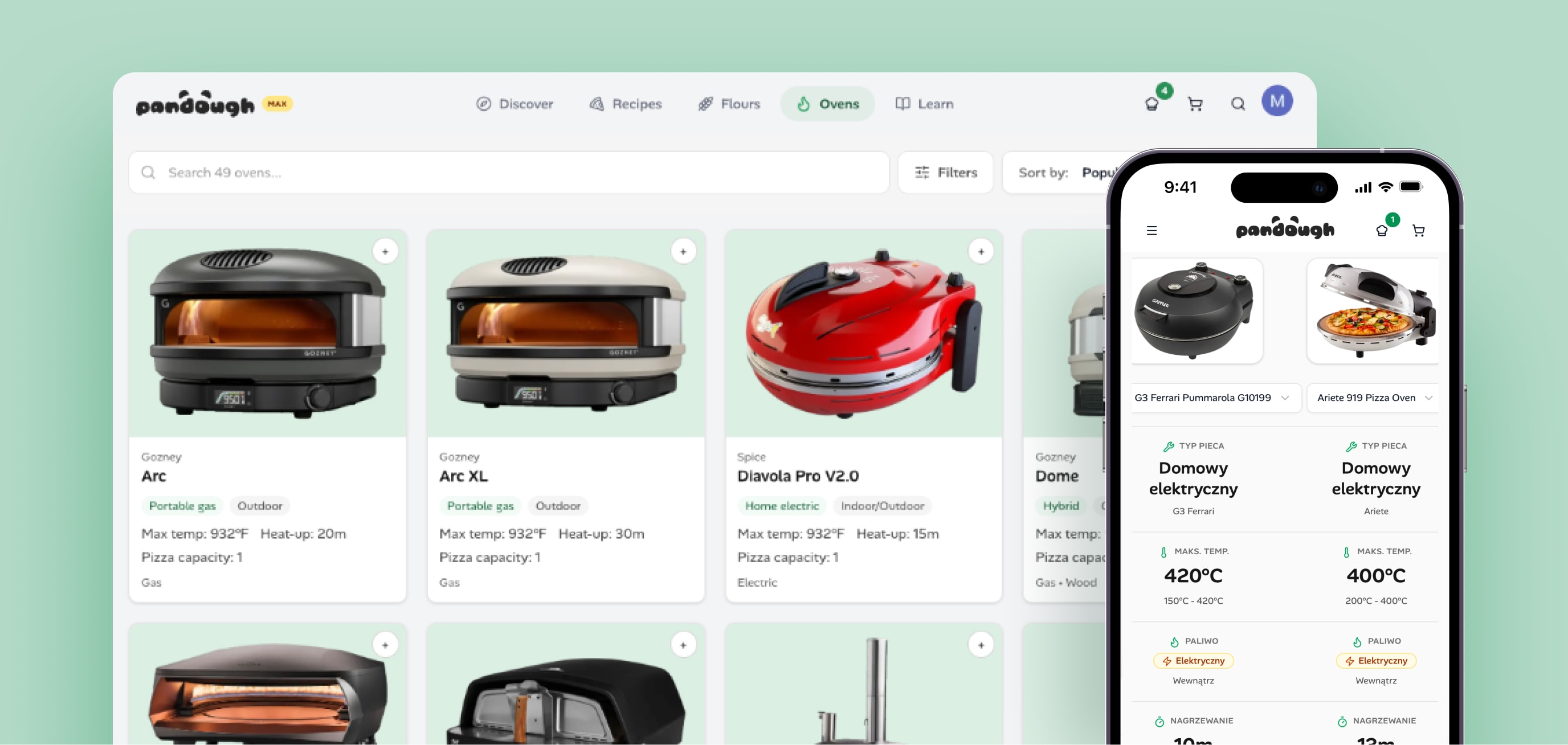 Pandough oven database showing oven cards with specs and mobile side-by-side comparison view