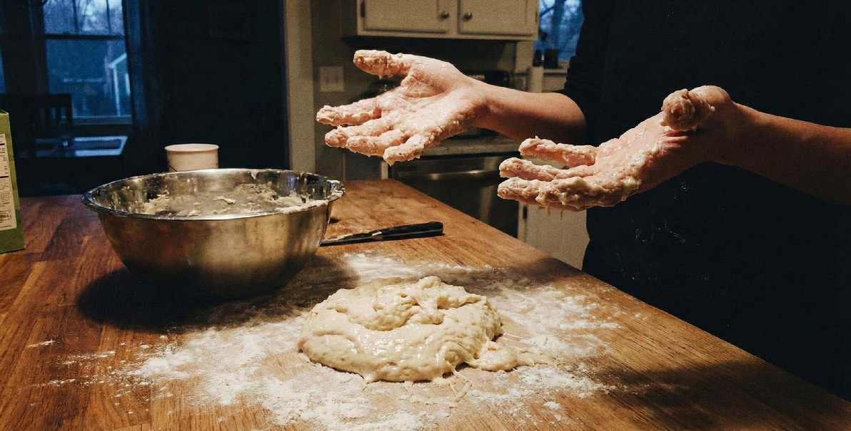 Two dough balls with different hydration side by side on a floured board.